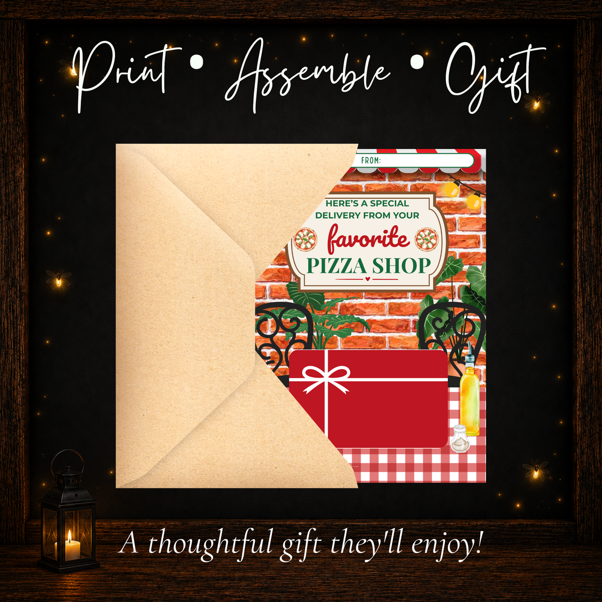 Printable pizza restaurant gift card holder assembled with a gift card and 5x7 envelope ready for gifting