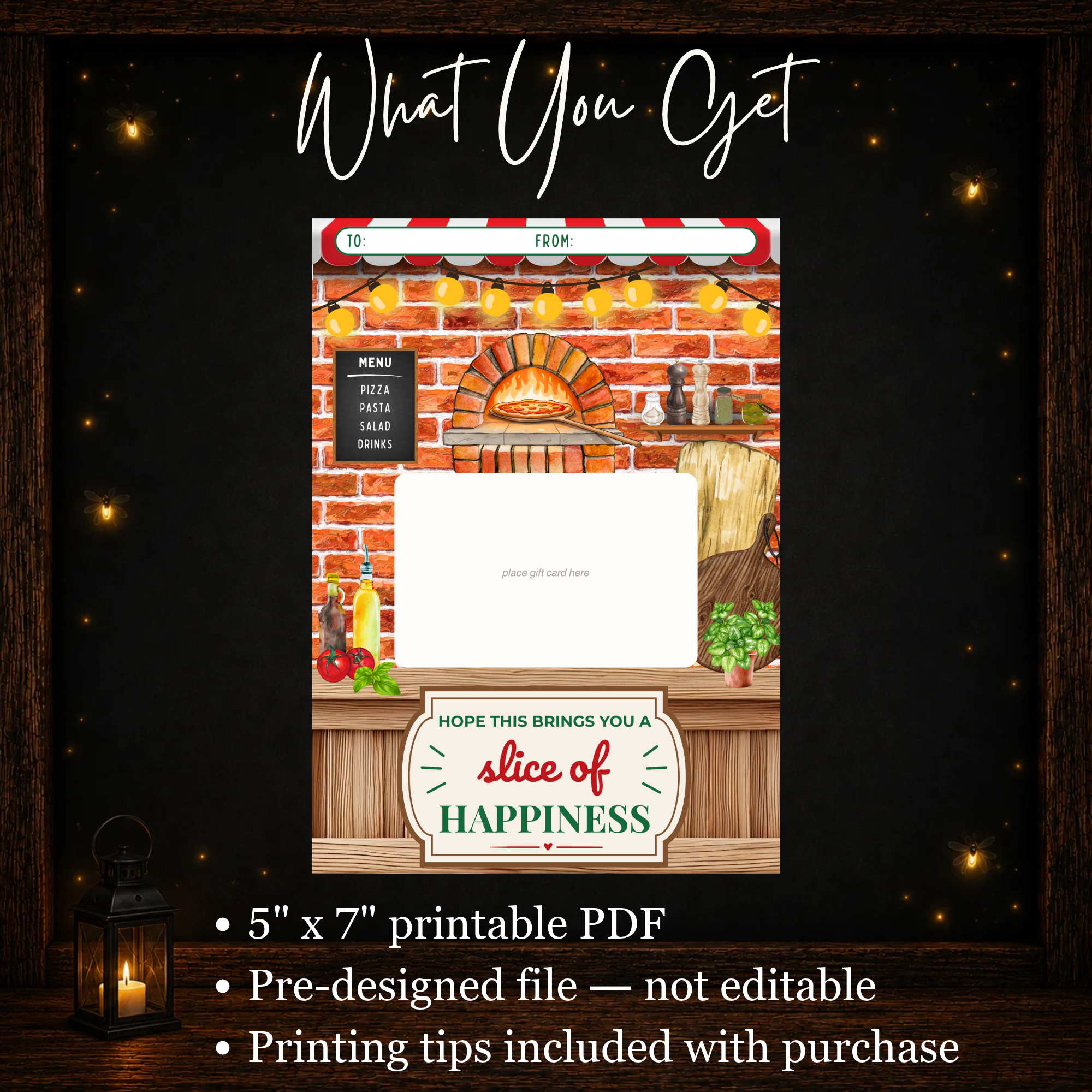 5x7 printable pizza gift card holder PDF with brick pizza oven design and Slice of Happiness message