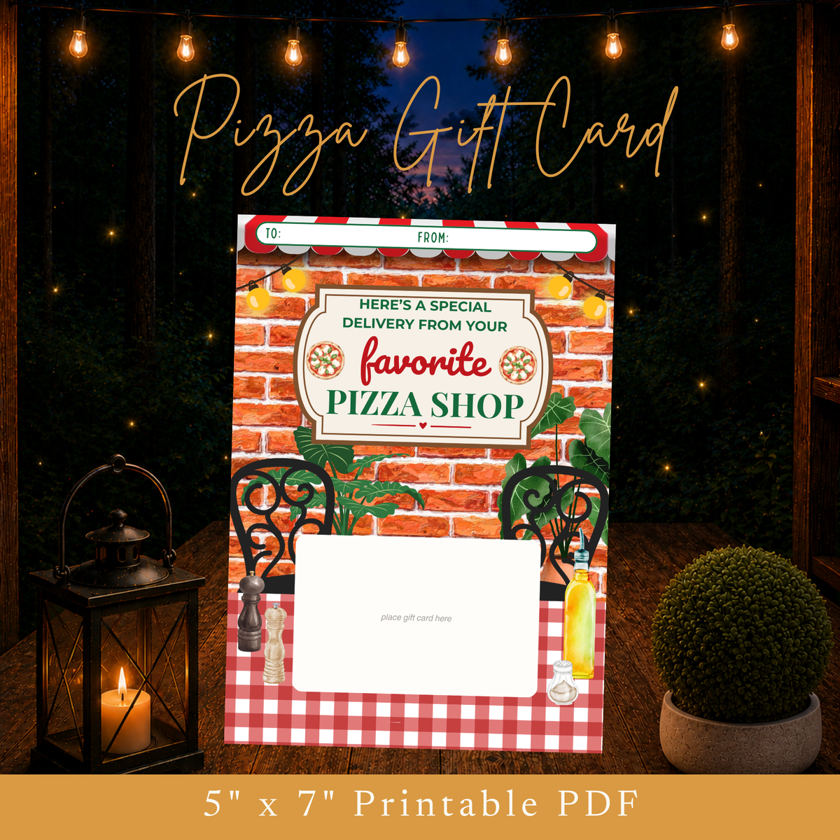 Printable pizza gift card holder with favorite pizza shop design and blank space for adding a restaurant gift card or cash