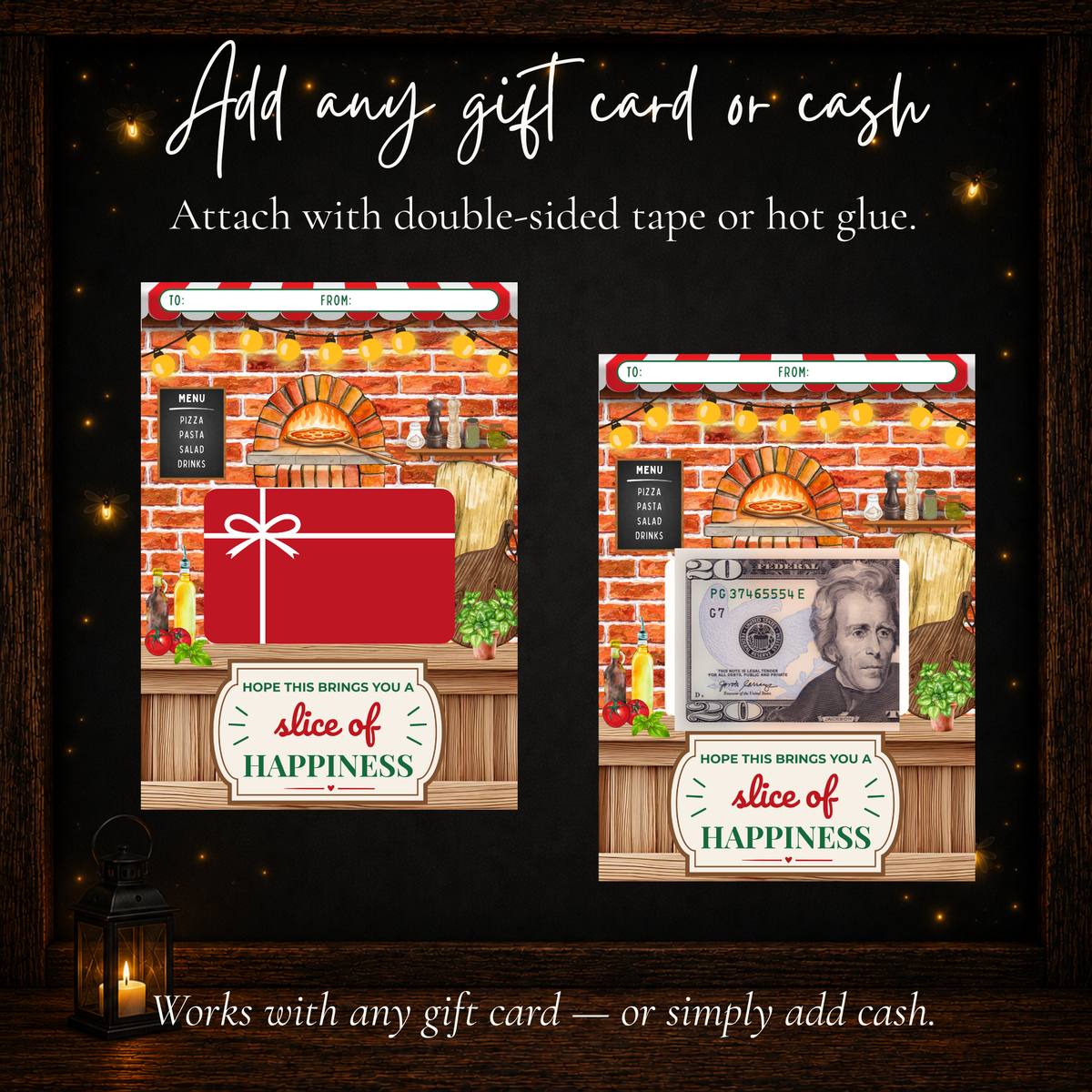 Pizza gift card holder printable shown with gift card and cash options for a pizza lover gift
