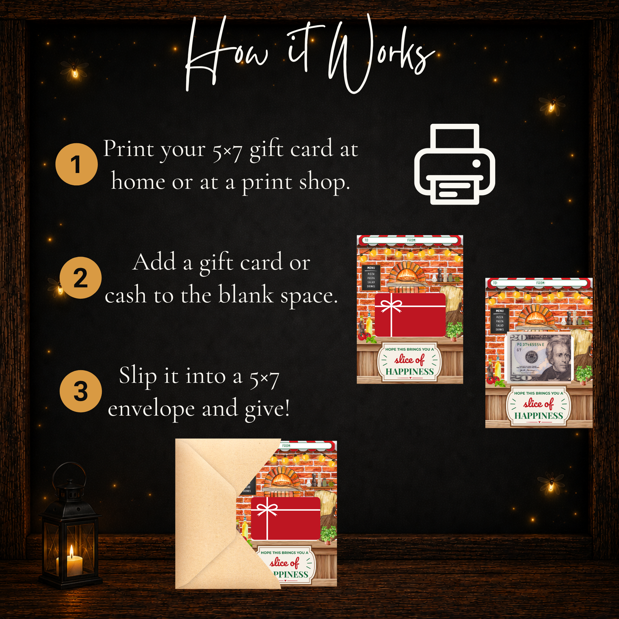 How to use printable pizza gift card holder by printing, adding a gift card or cash, and placing it in a 5x7 envelope