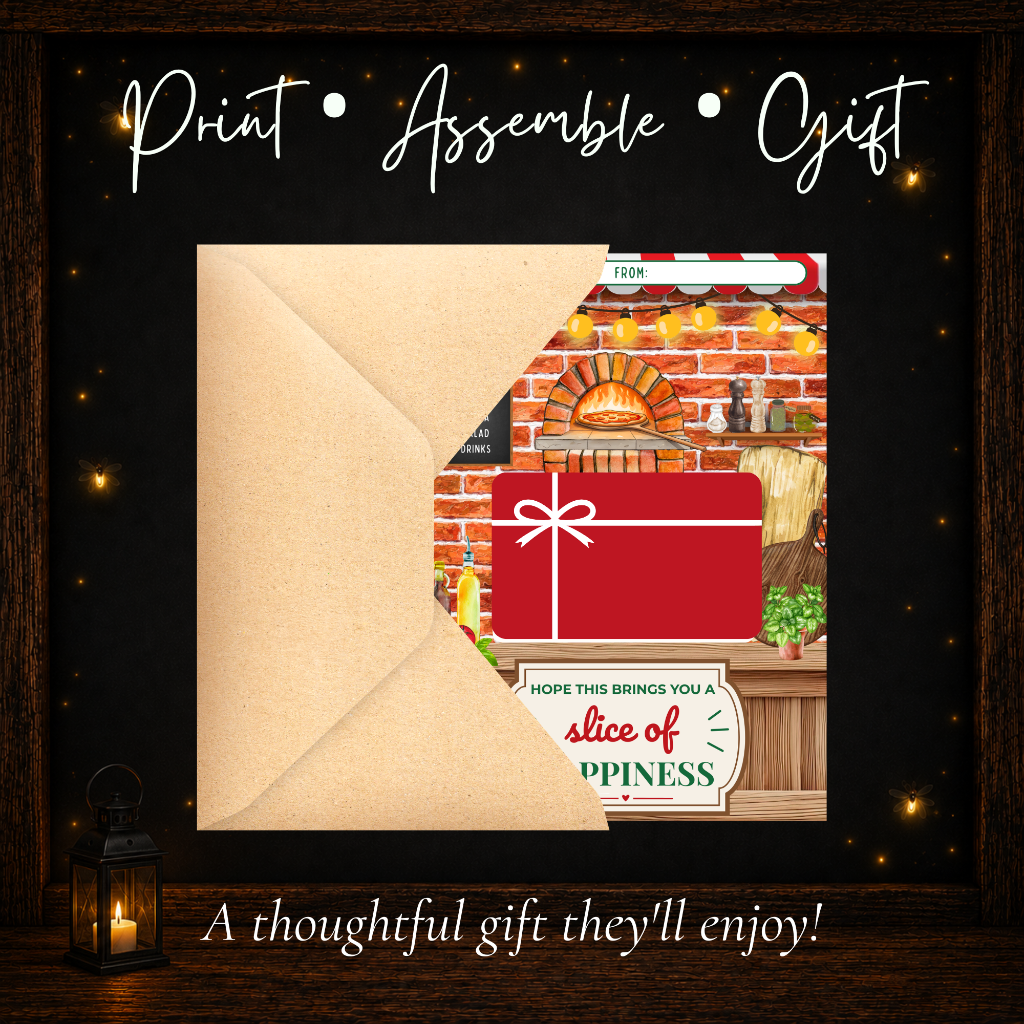 Printable pizza gift card holder with envelope showing an easy print assemble and gift presentation idea