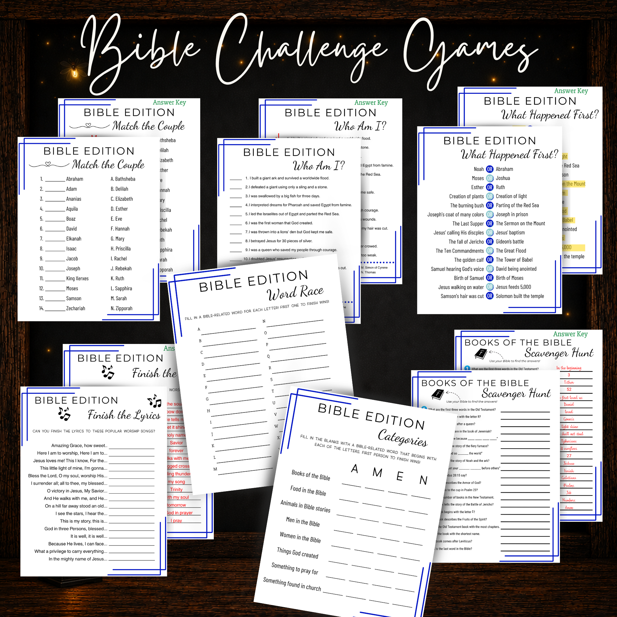 Printable Bible challenge games with scavenger hunt, Who Am I, word race, categories and answer keys