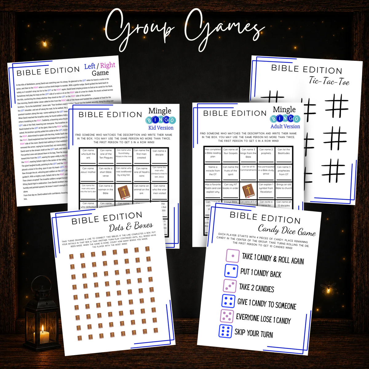 Printable Bible group games including Mingle Bingo, Left Right Game, Dots and Boxes, Tic Tac Toe and Candy Dice