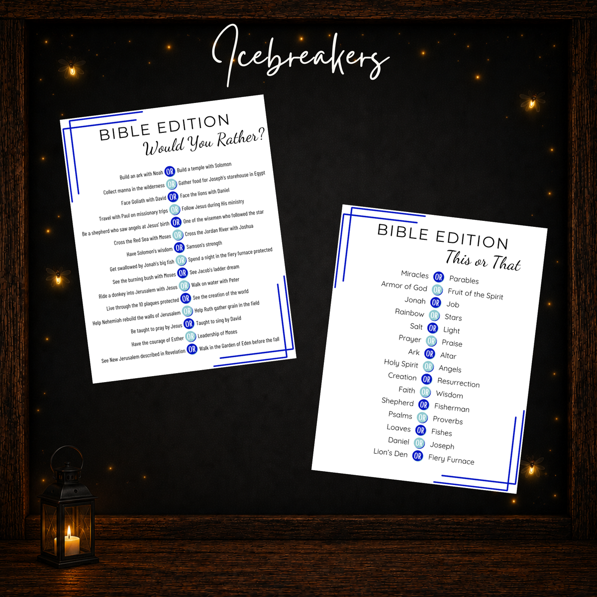 Printable Bible icebreaker games including This or That and Would You Rather
