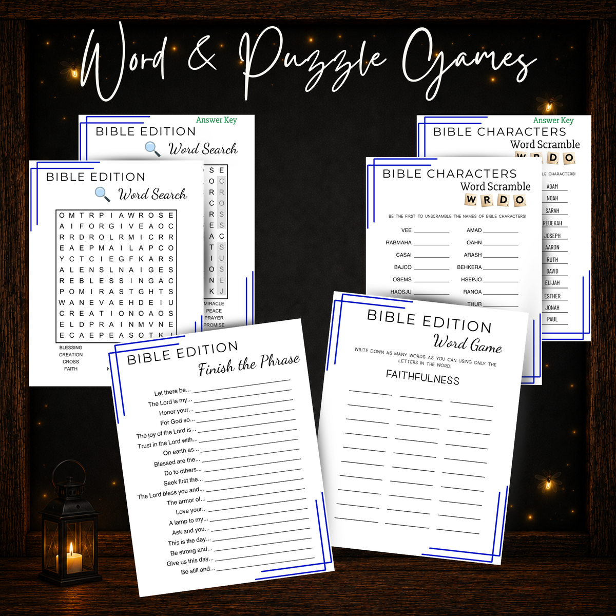 Printable Bible word and puzzle games including word search, word scramble, word game and Finish the Phrase