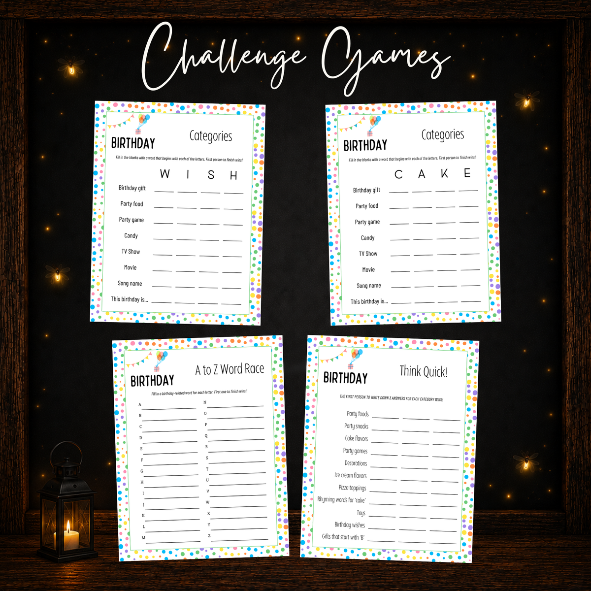 Printable birthday challenge games including Categories A to Z Word Race and Think Quick