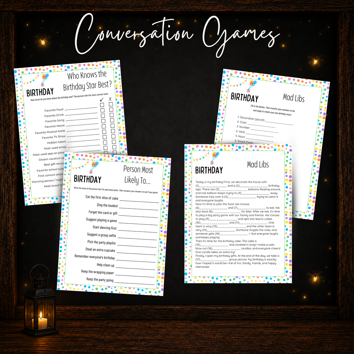 Printable birthday conversation games including Who Knows the Birthday Star Best Person Most Likely To and Mad Libs