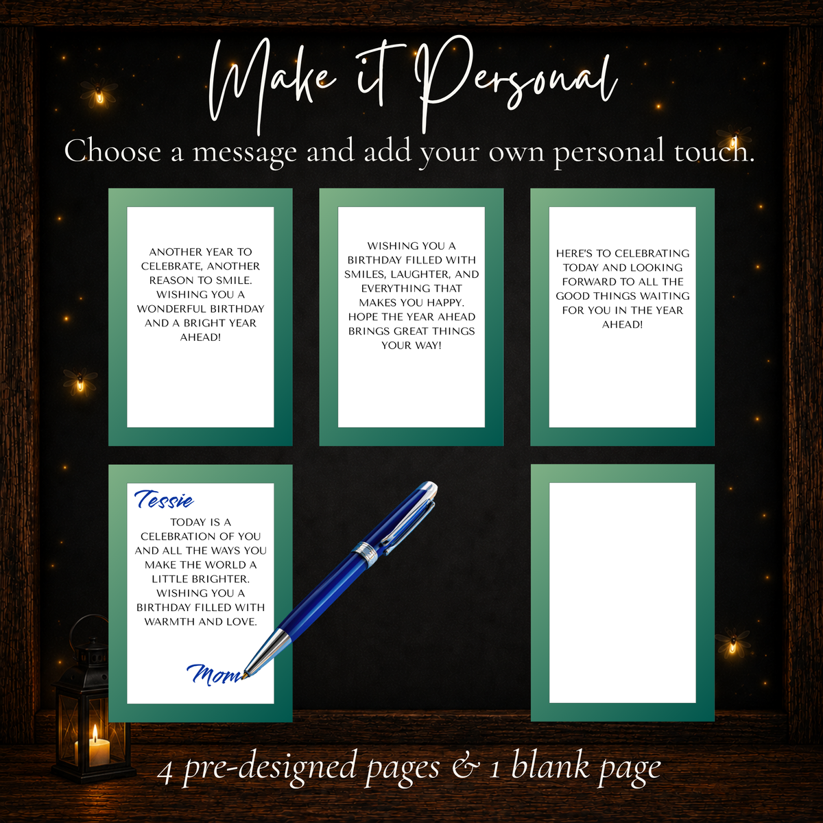 Birthday gift card book message options featuring pre-written birthday greetings and a blank page for a personalized note.