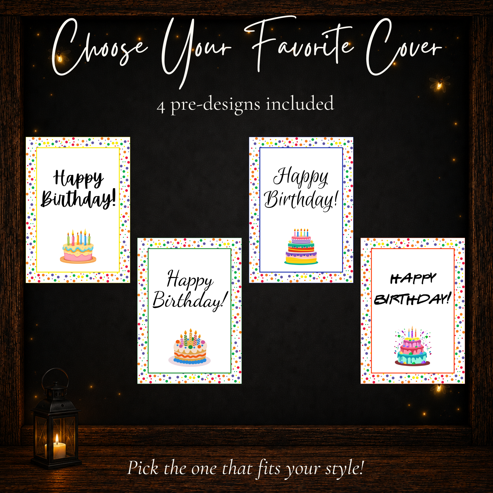 Four Happy Birthday cover designs included with the printable personalized gift card book