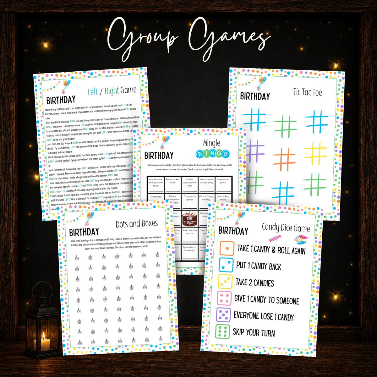 Printable birthday group games including Left Right Game Mingle Bingo Dots and Boxes Tic Tac Toe and Candy Dice
