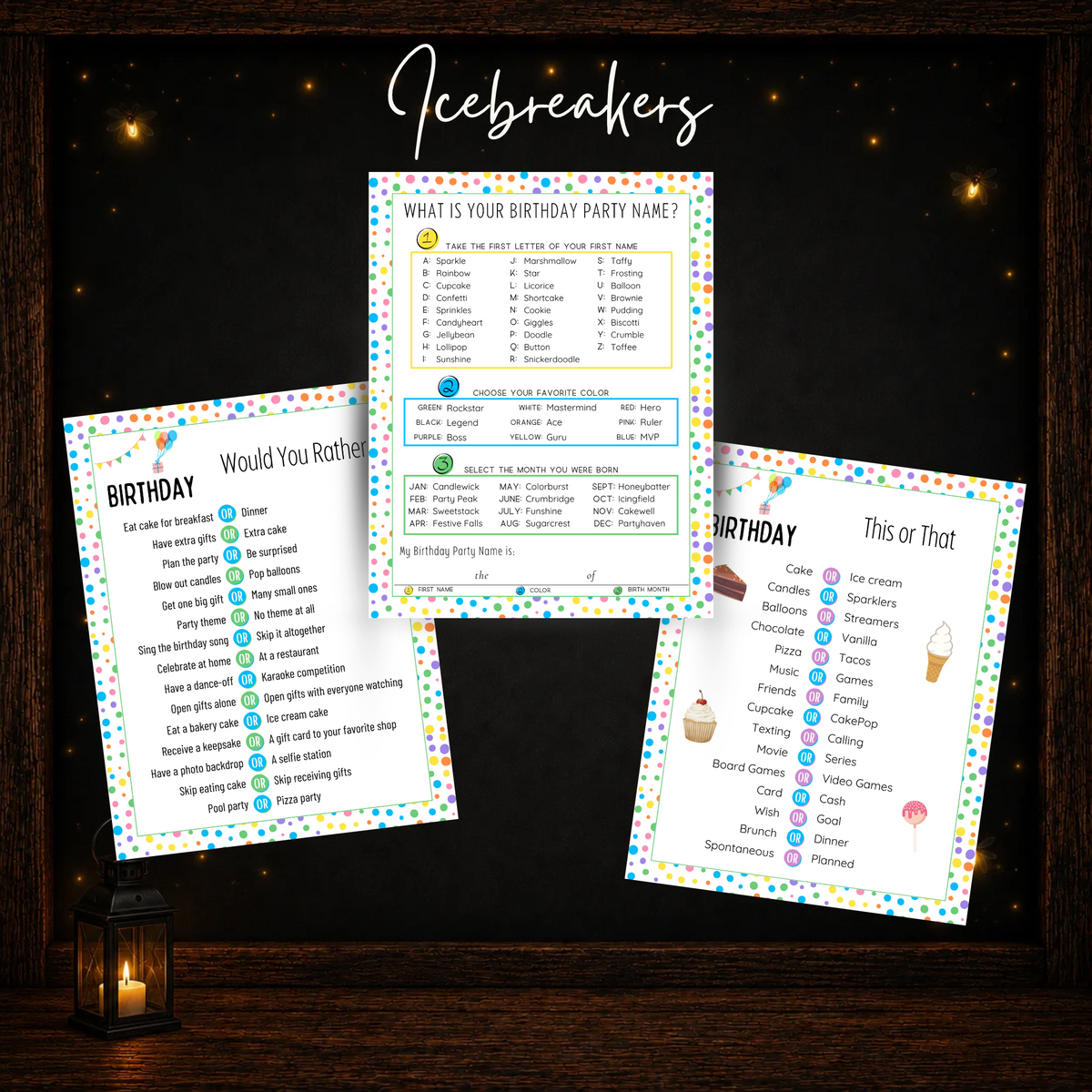 Printable birthday icebreaker games including Would You Rather This or That and Birthday Party Name