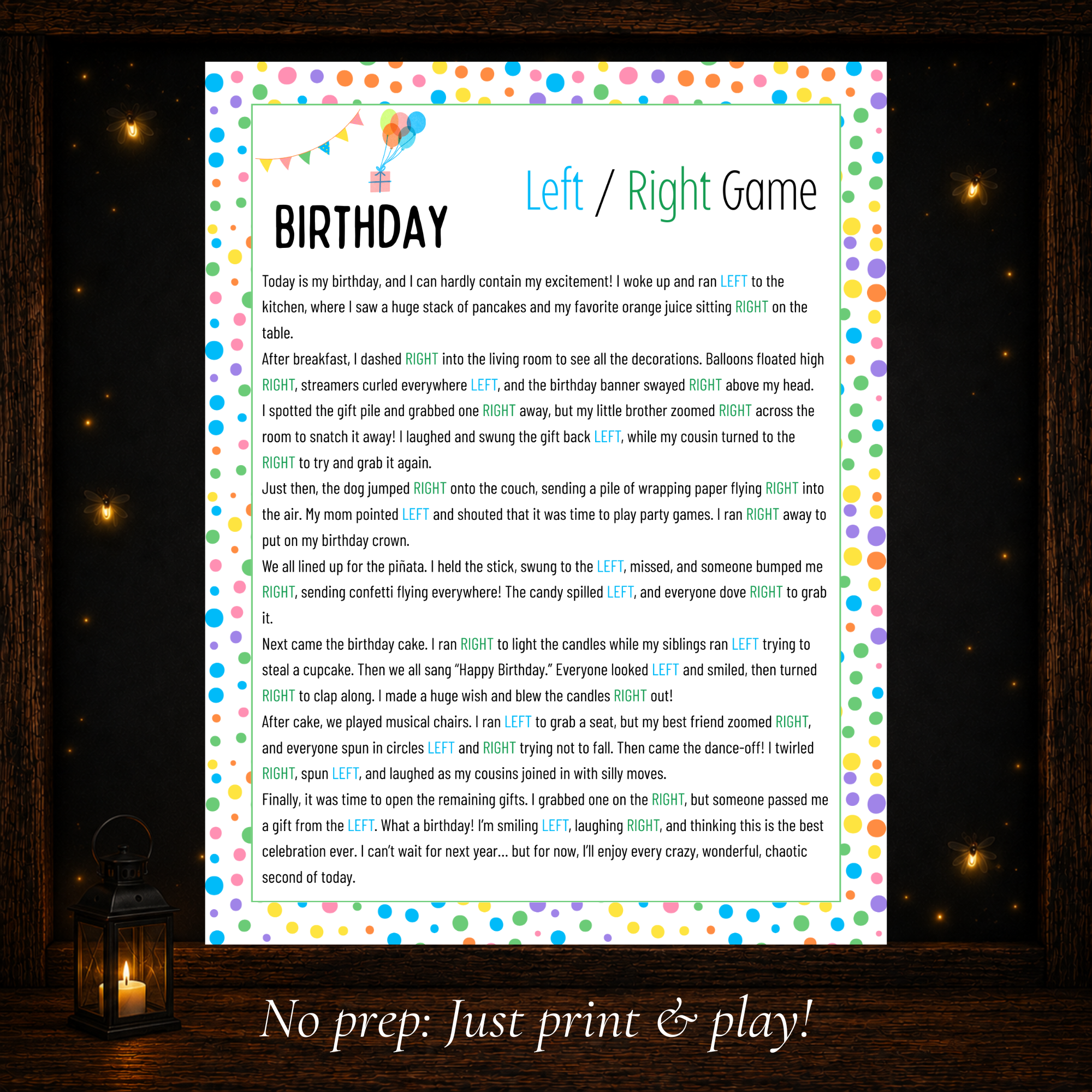Printable Birthday Left Right Game story with left and right passing prompts