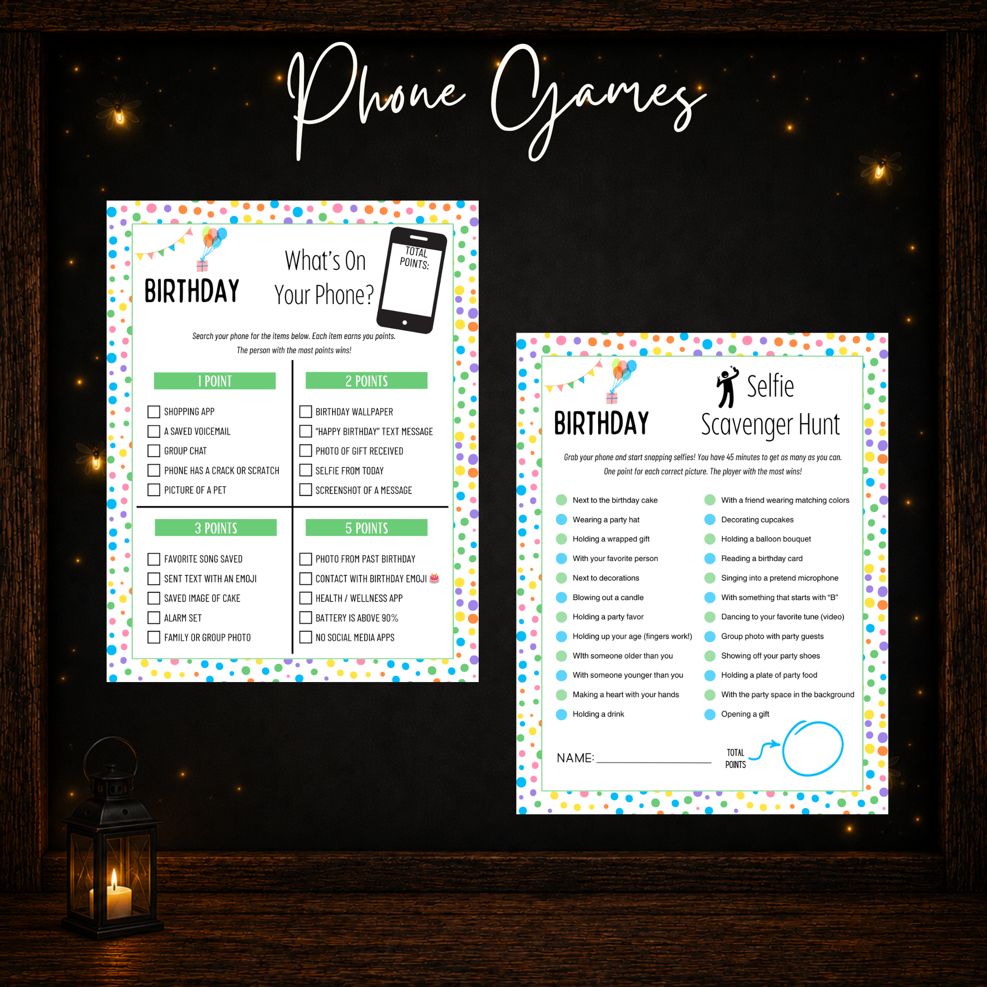 Printable birthday phone games including What’s On Your Phone and Selfie Scavenger Hunt