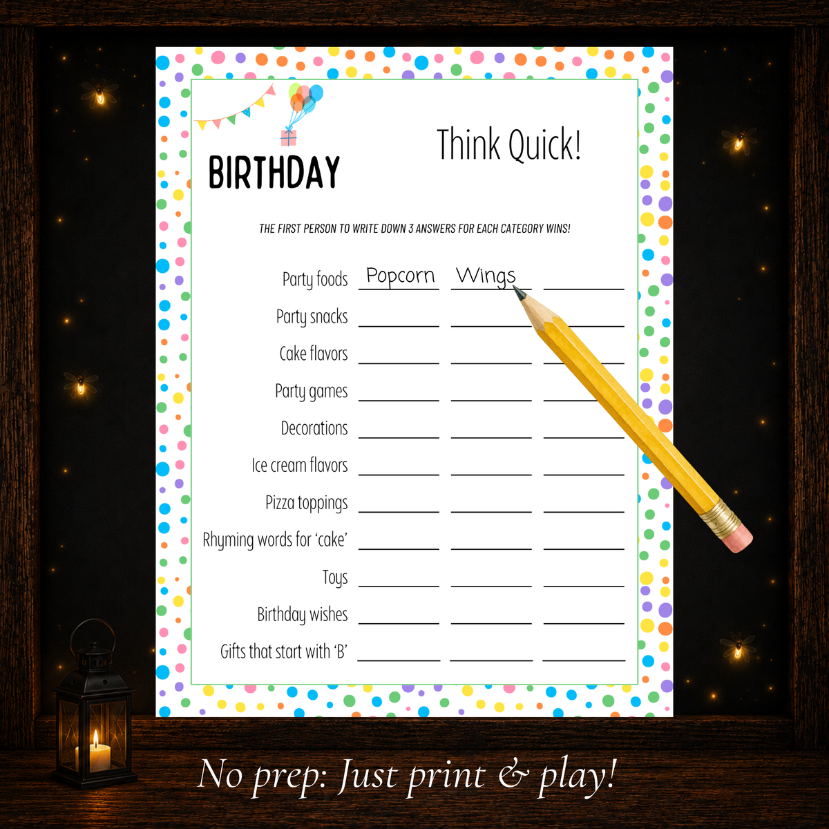 Printable Birthday Think Quick game with birthday categories for a fast-paced group party activity