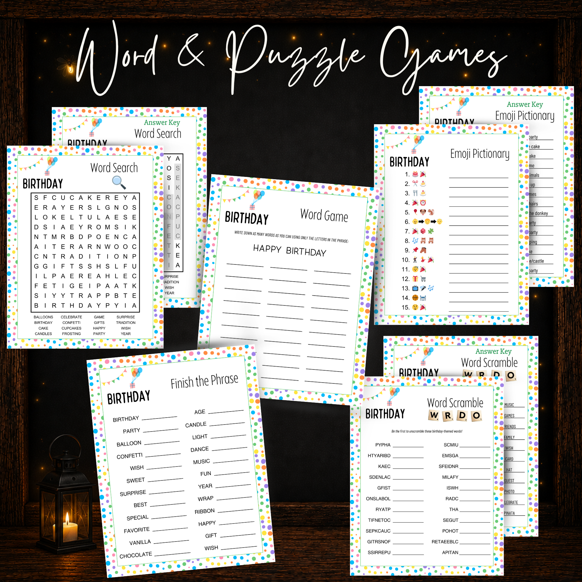 Printable birthday word and puzzle games including Word Search Word Scramble Emoji Pictionary and Finish the Phrase