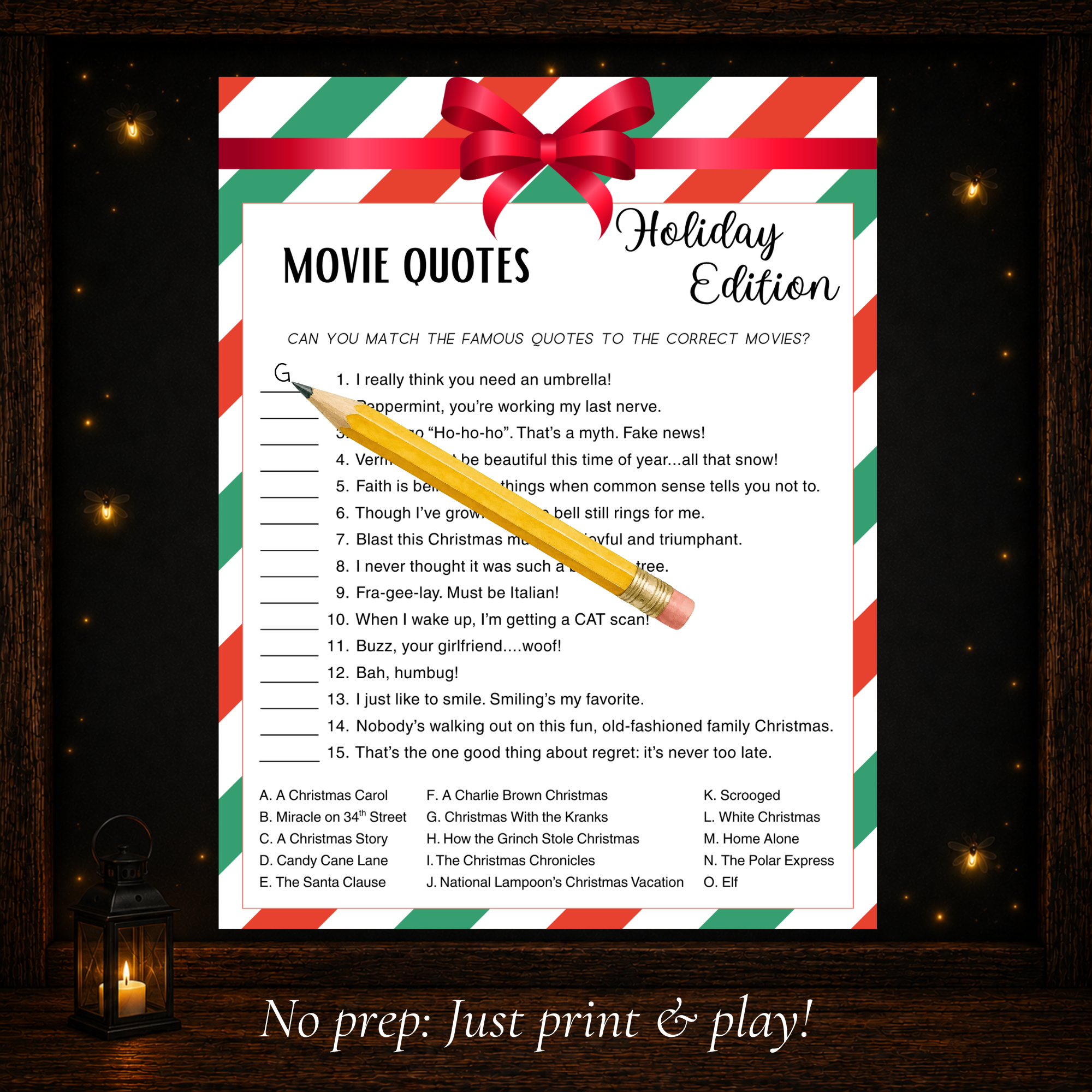 Printable Christmas Movie Quotes matching game for holiday parties and family game nights