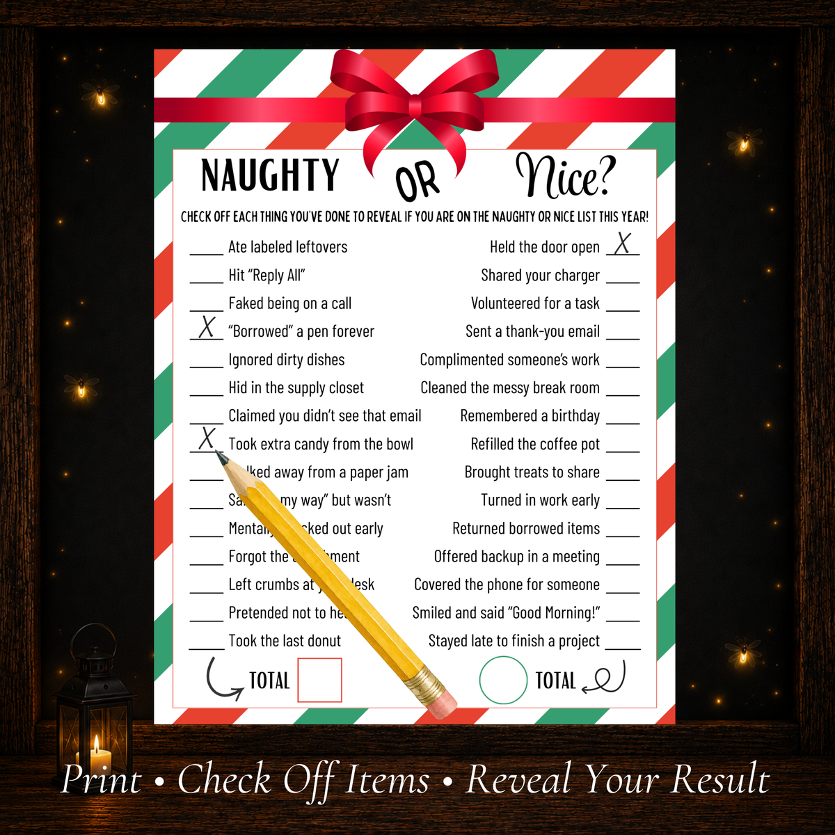 Printable Christmas Naughty or Nice coworker game with fun workplace statements to check off