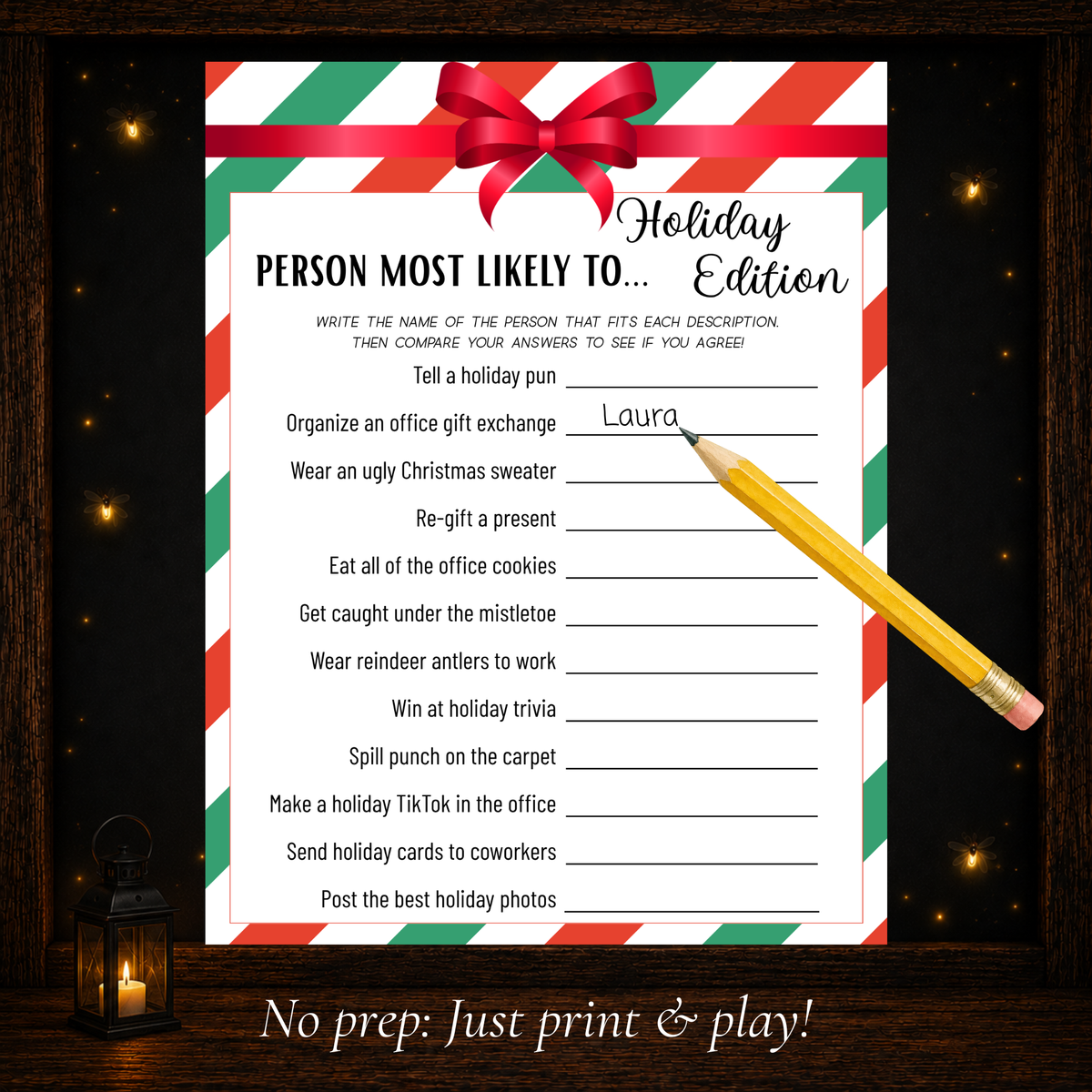 Printable Christmas Person Most Likely To coworker game with fun holiday office prompts