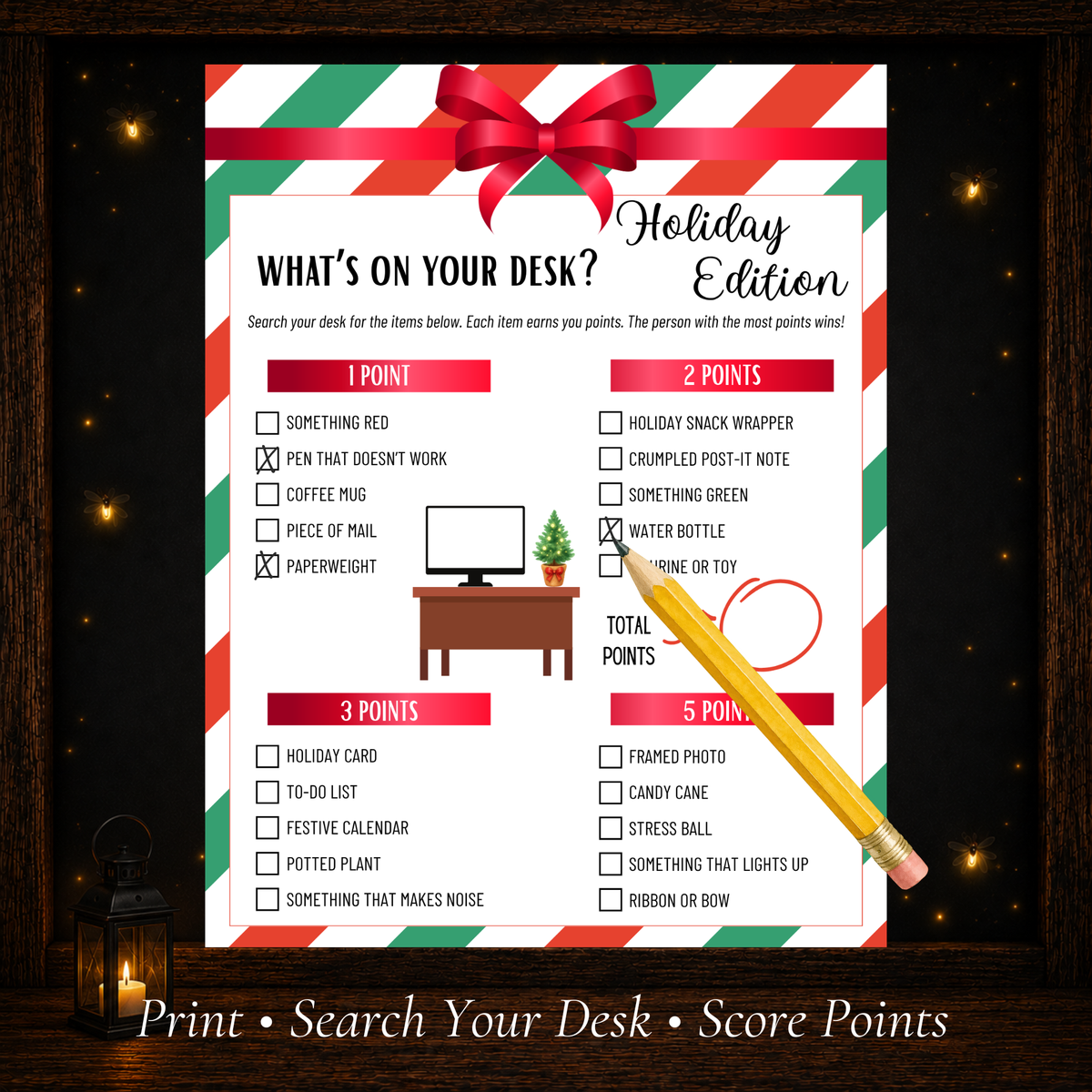 Printable Christmas What’s On Your Desk game where coworkers search their desks and score points