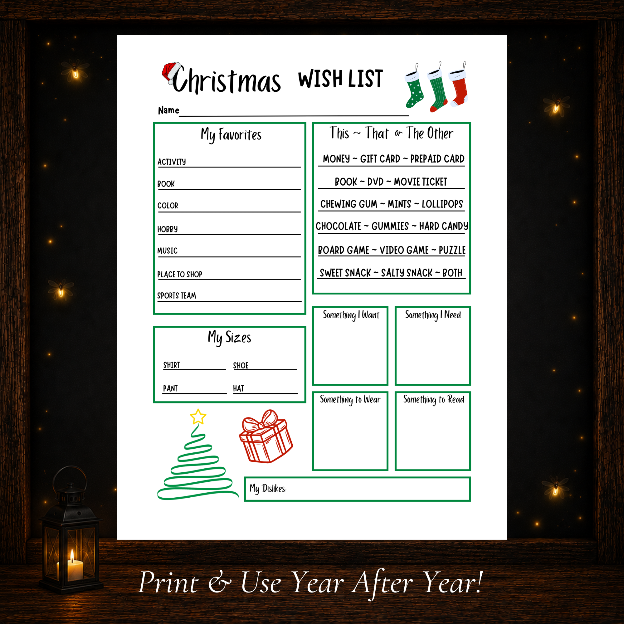 Printable Christmas Wish List with favorites, clothing sizes, gift preferences and want need wear read sections