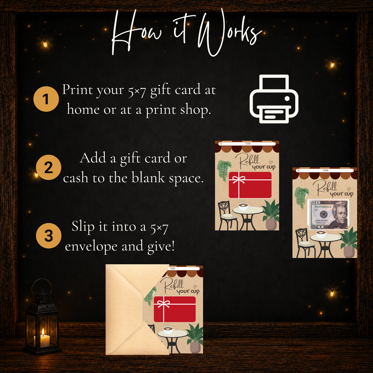 How to use printable coffee gift card holder by printing the 5x7 card, adding a gift card or cash, and placing it in an envelope