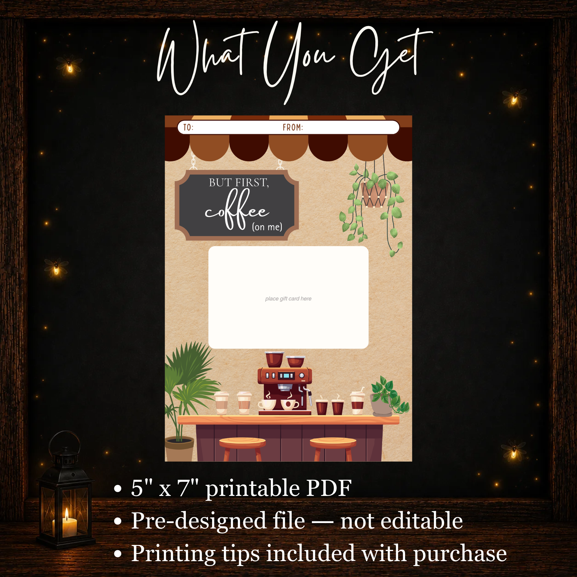Coffee gift card holder printable showing the 5x7 PDF design with space to attach a gift card and printing tips included.