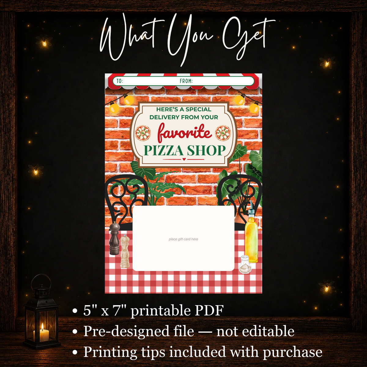 5x7 printable pizza gift card holder PDF with Italian pizza shop design and blank gift card space