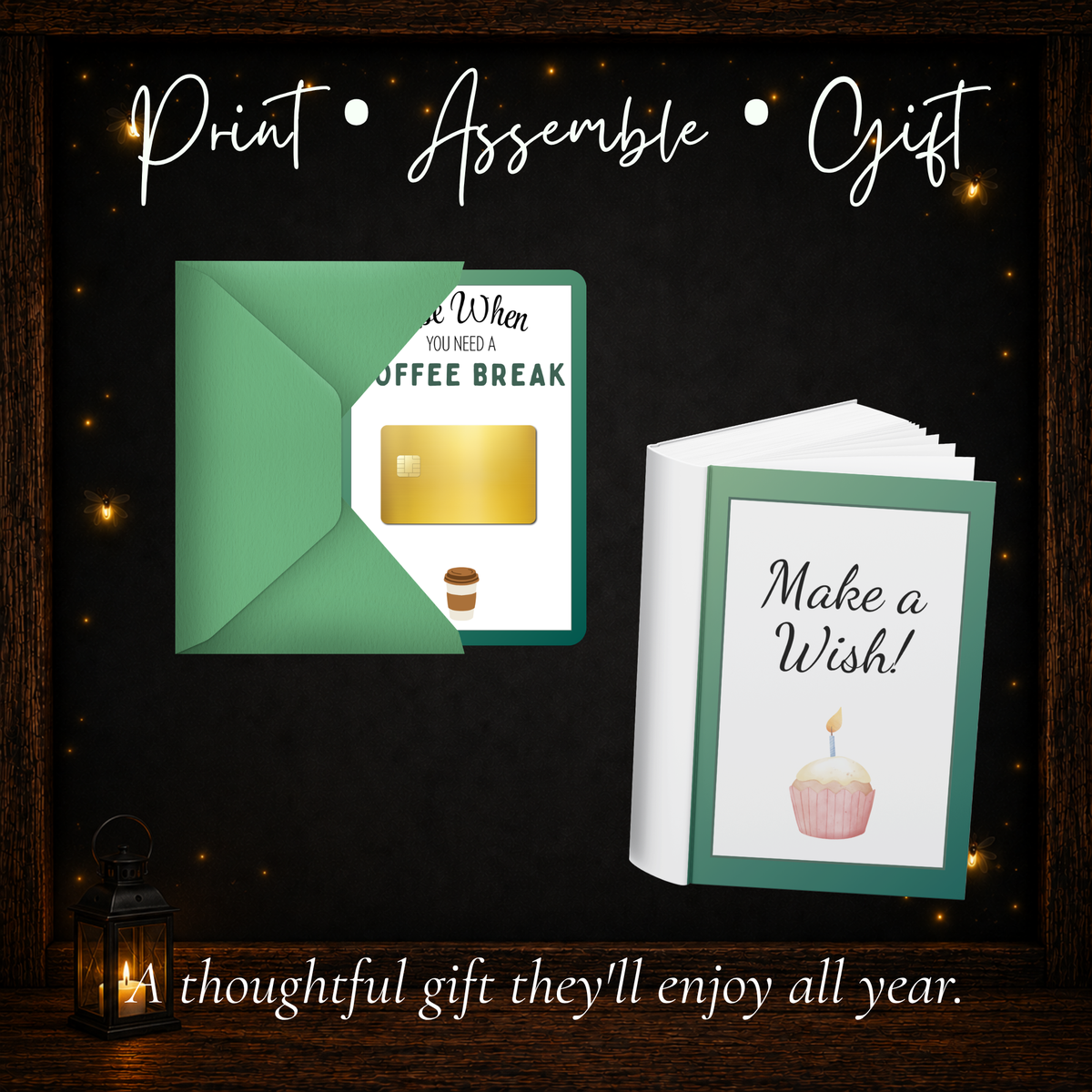 Printable sage green birthday gift card book shown with a gift card page, envelope, and assembled birthday gift book.