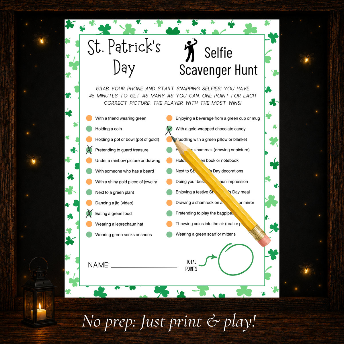 Printable St. Patrick’s Day selfie scavenger hunt worksheet with green shamrock border, photo challenges, checkmarks, pencil, and space to record points.