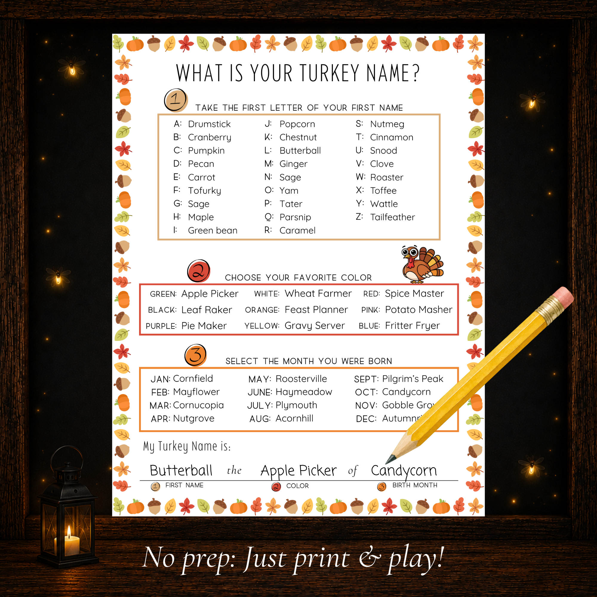 Printable Thanksgiving turkey name game using first name, favorite color and birth month to create a funny turkey name