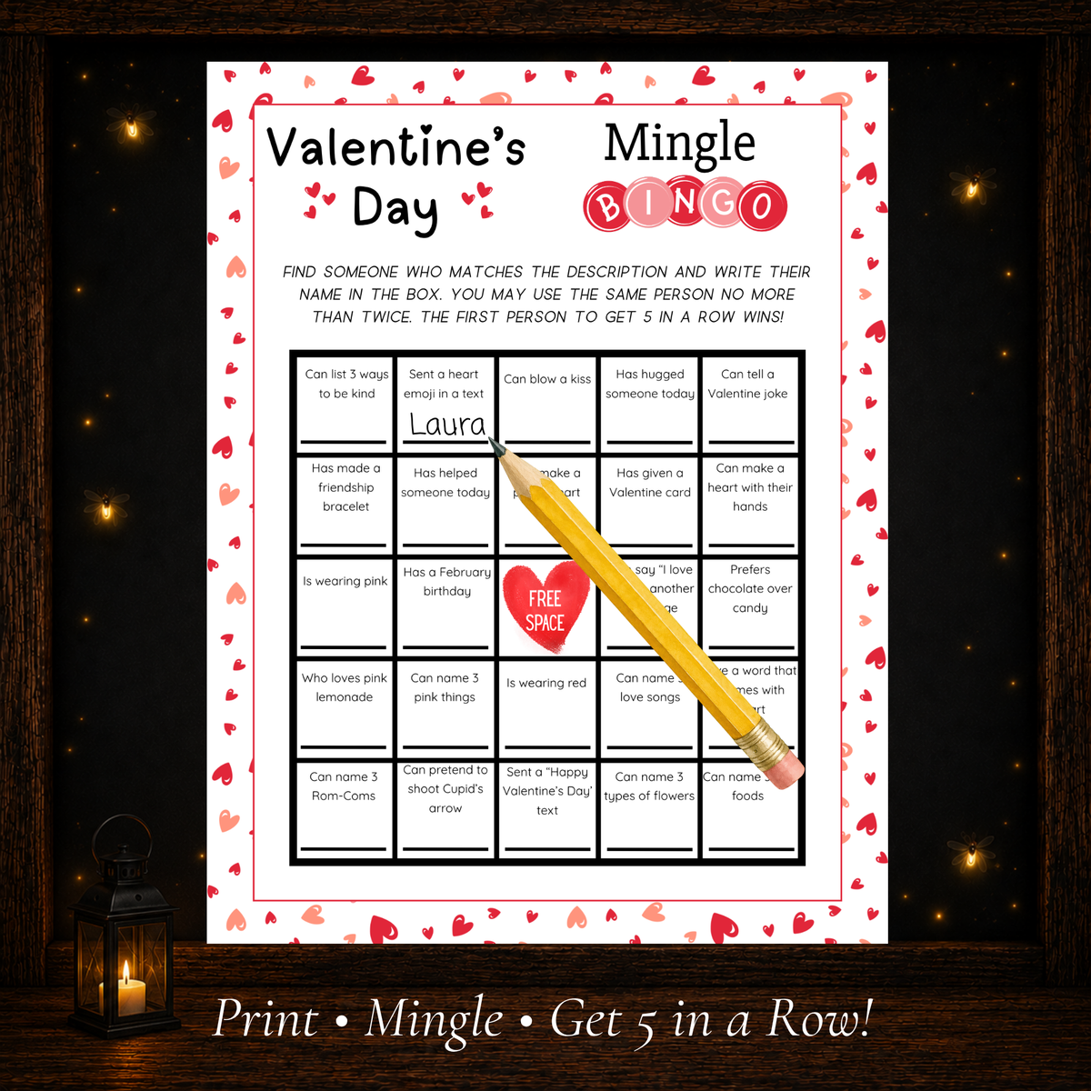Printable Valentine Mingle Bingo game where players find people who match each description
