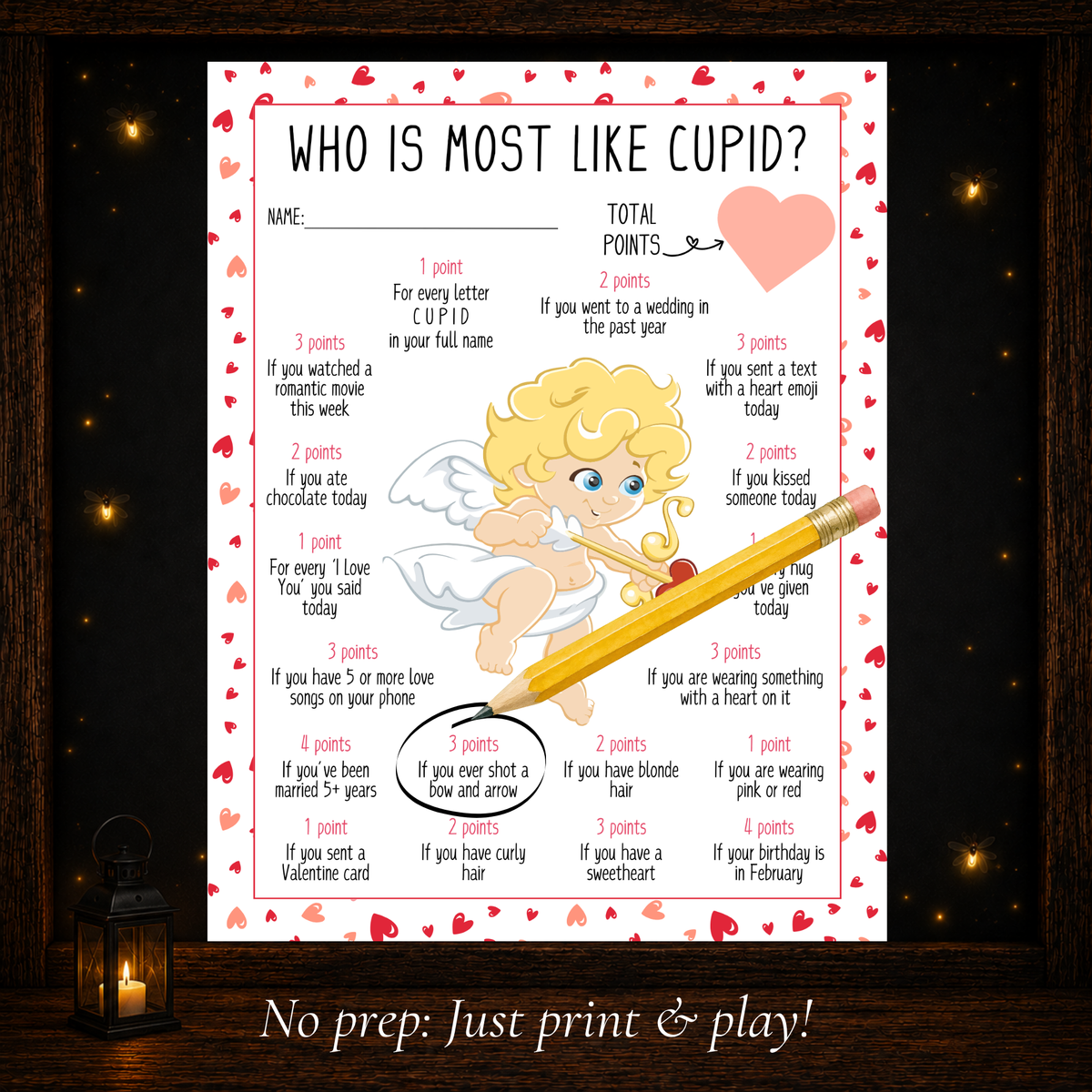 Printable Who Is Most Like Cupid Valentine game with point-based questions