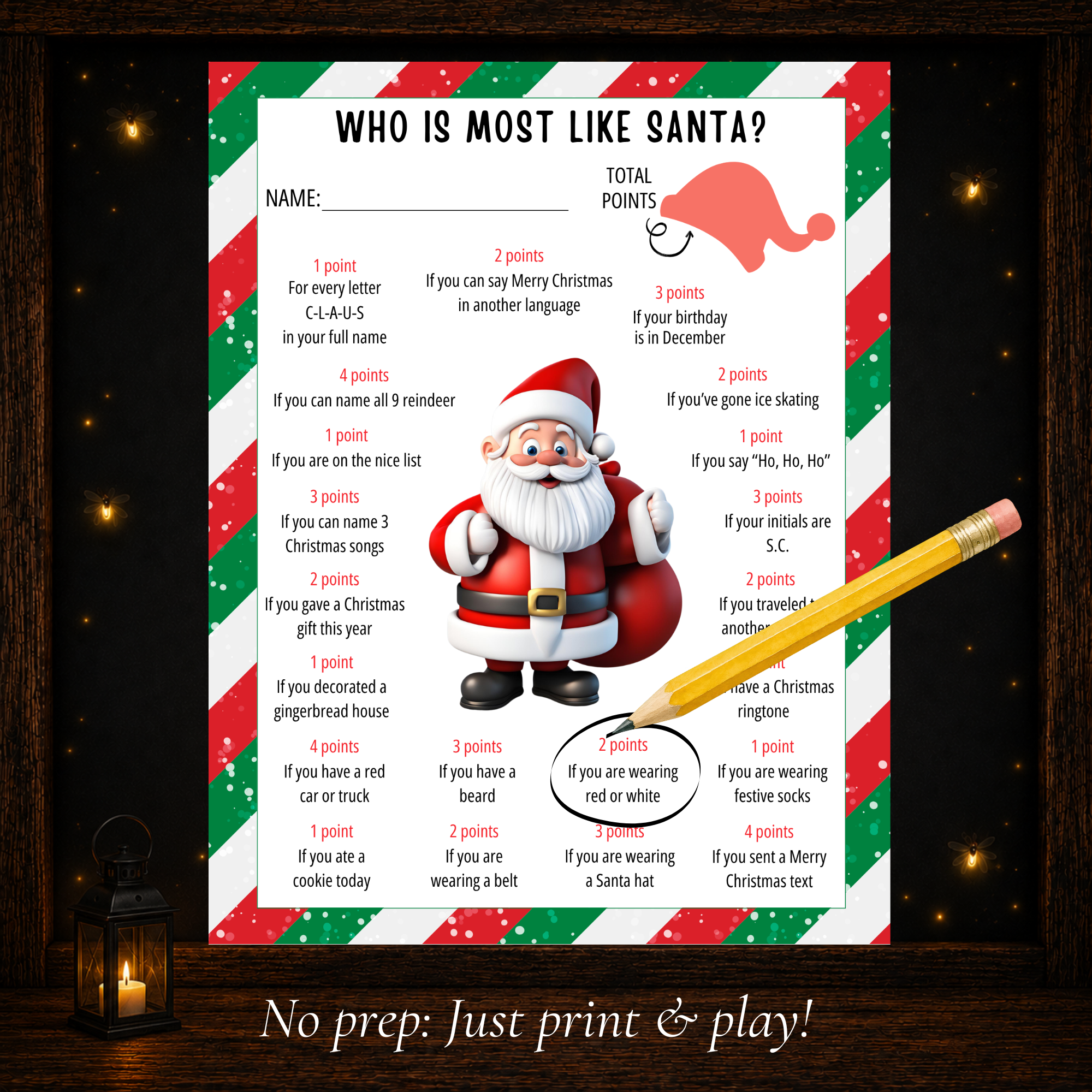 Printable Who Is Most Like Santa Christmas game sheet with fun holiday questions and point values