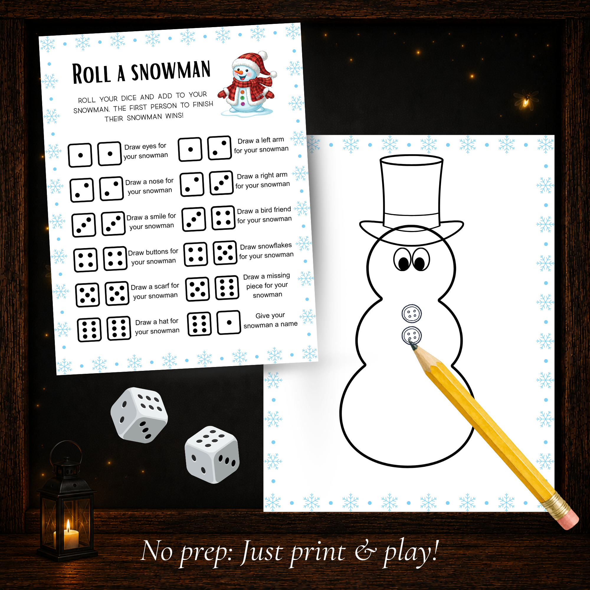Printable Roll a Snowman dice game with snowman drawing page for a no-prep Christmas activity