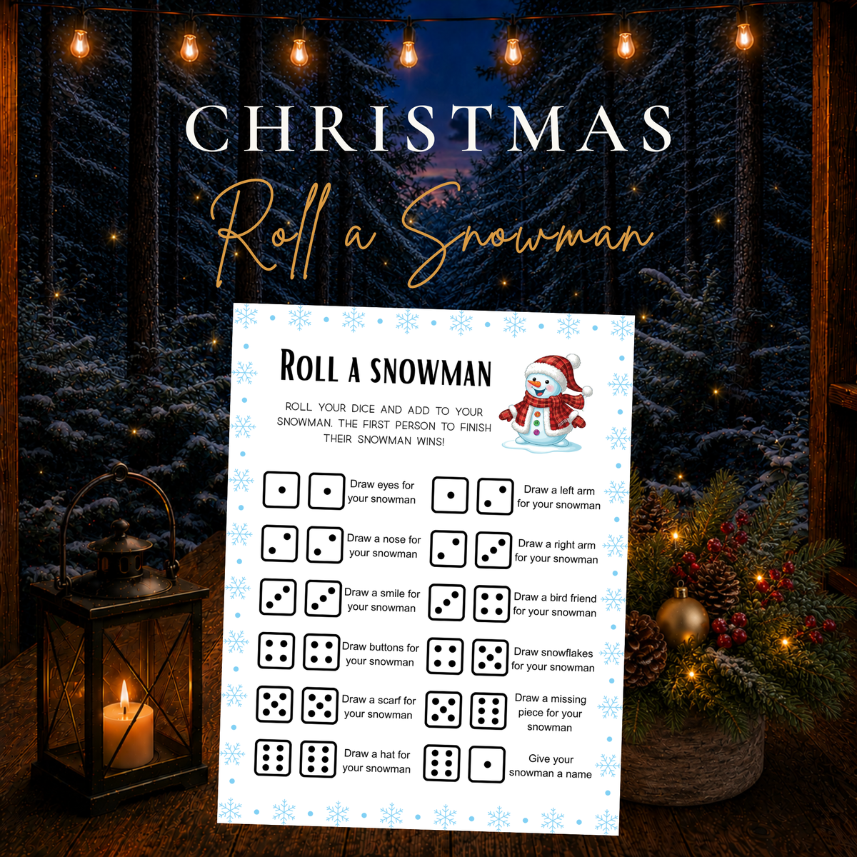 Roll a Snowman printable Christmas game for kids with dice rolling and snowman drawing activity