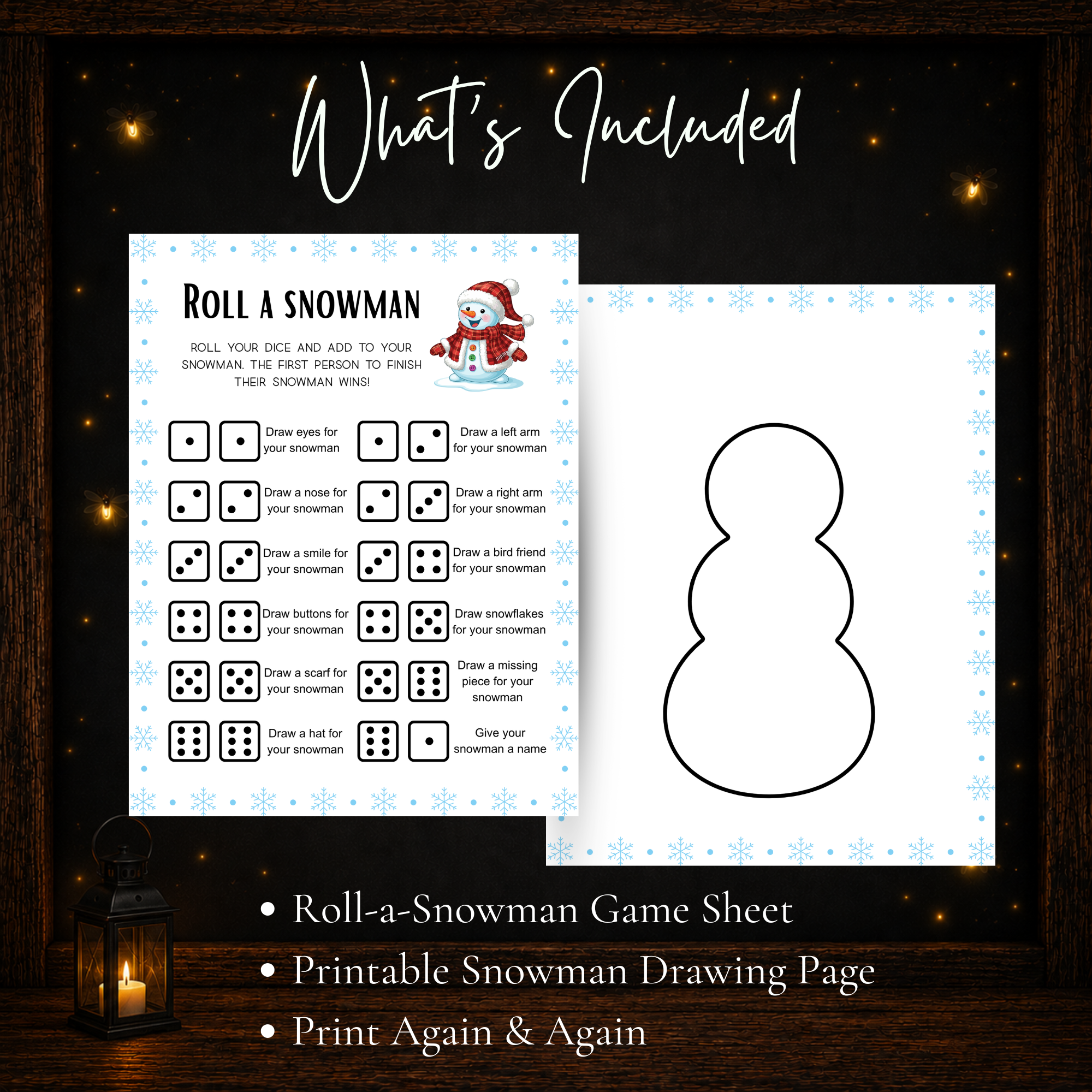 Roll a Snowman printable game sheet and snowman drawing page included in the Christmas activity