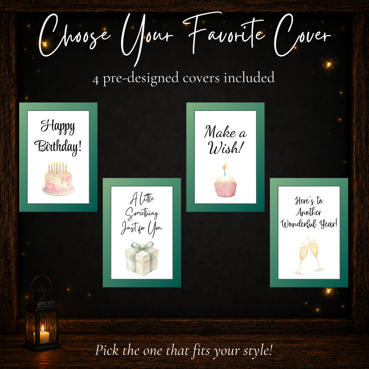 Four printable birthday gift card book covers featuring a birthday cake, wrapped present, cupcake, and champagne glasses.