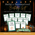 Printable sage green birthday gift card book featuring 100 gift ideas, four covers, four birthday messages, and two printing sizes.