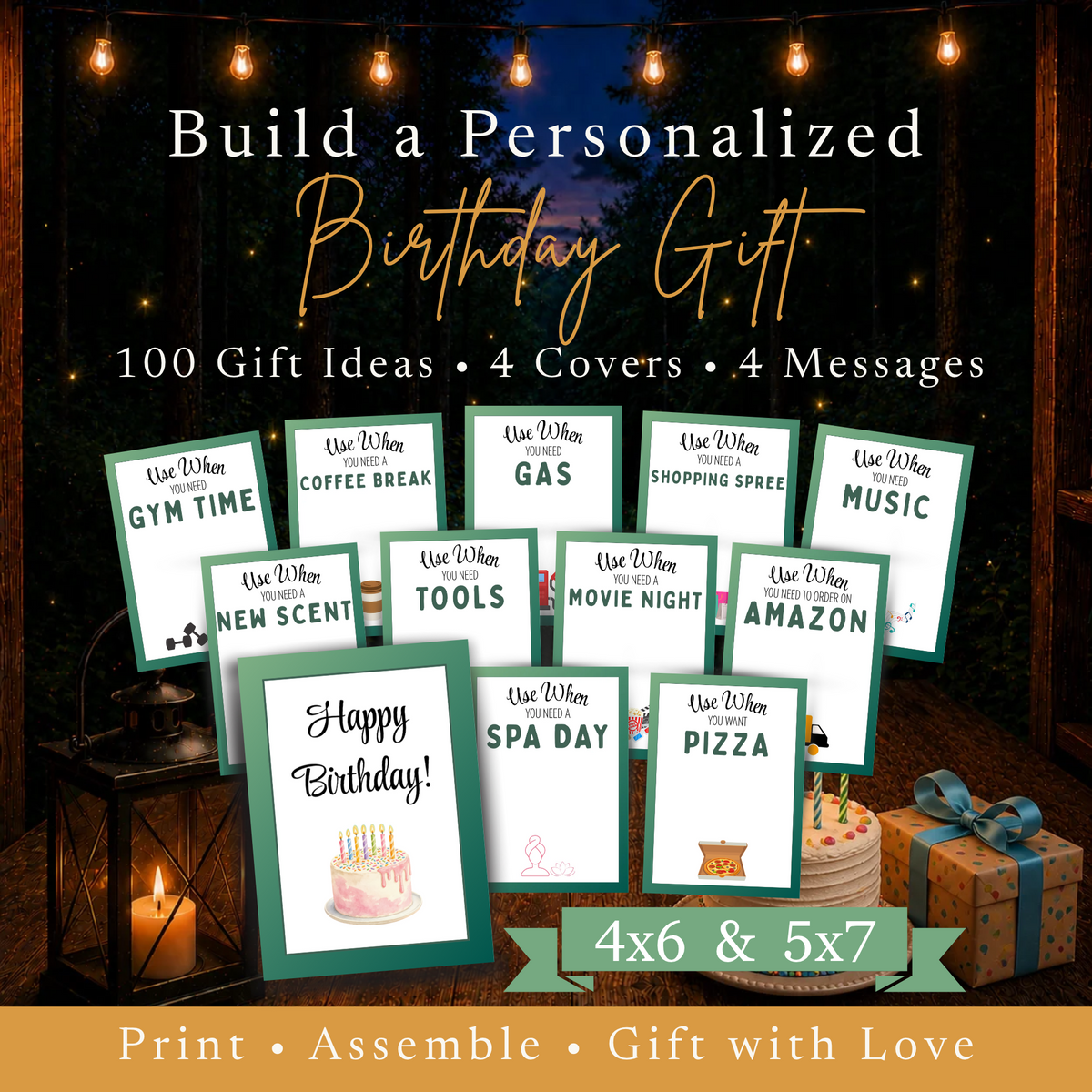 Printable sage green birthday gift card book featuring 100 gift ideas, four covers, four birthday messages, and two printing sizes.