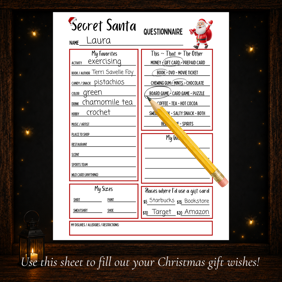 Completed Secret Santa questionnaire example showing favorites, gift preferences and Christmas gift ideas