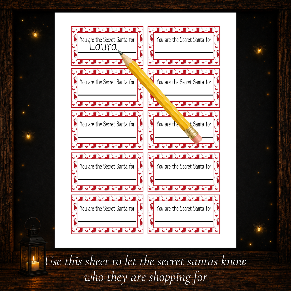 Printable Secret Santa name drawing cards for assigning recipients during a Christmas gift exchange