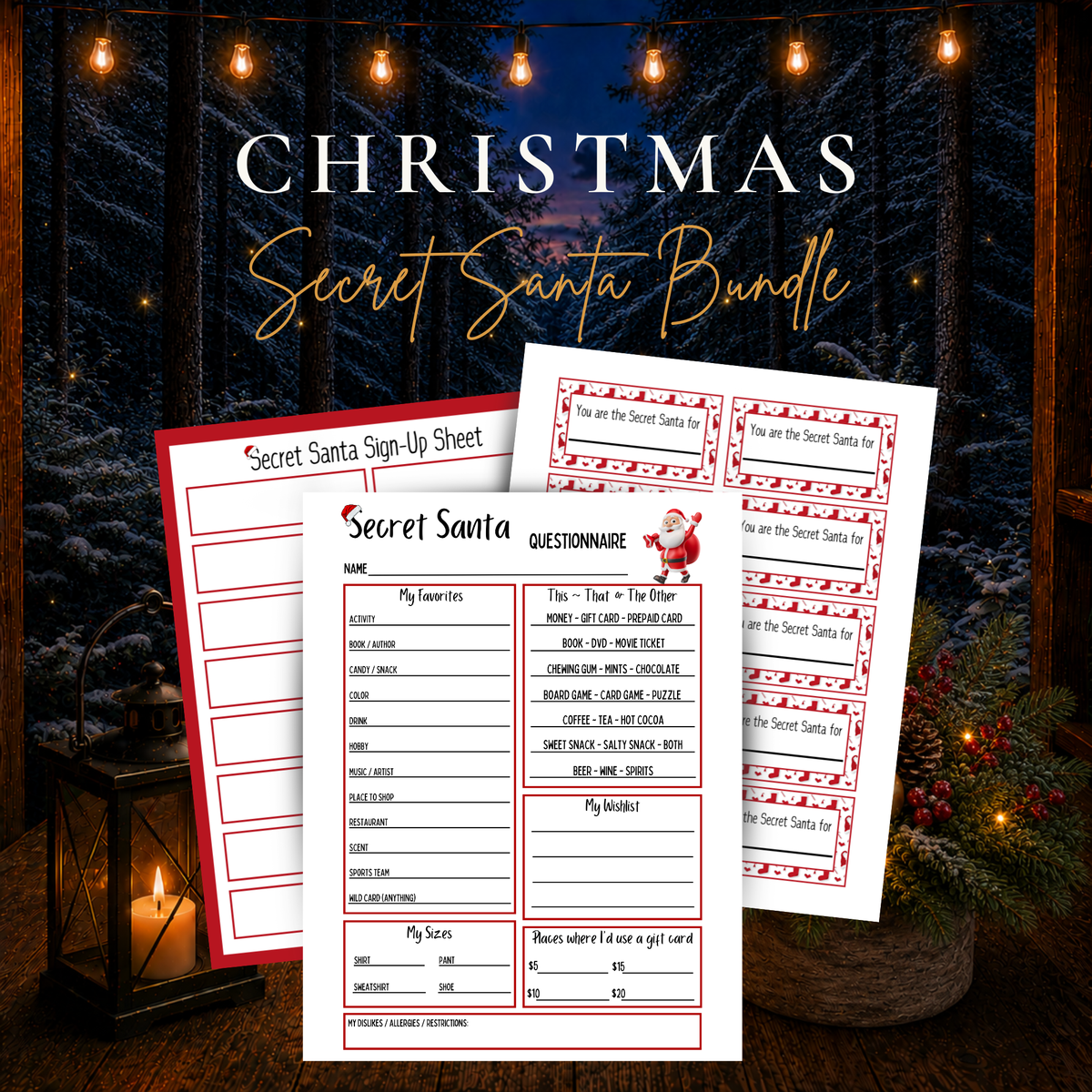 Secret Santa printable bundle with questionnaire, sign-up sheet and name drawing cards for Christmas gift exchanges