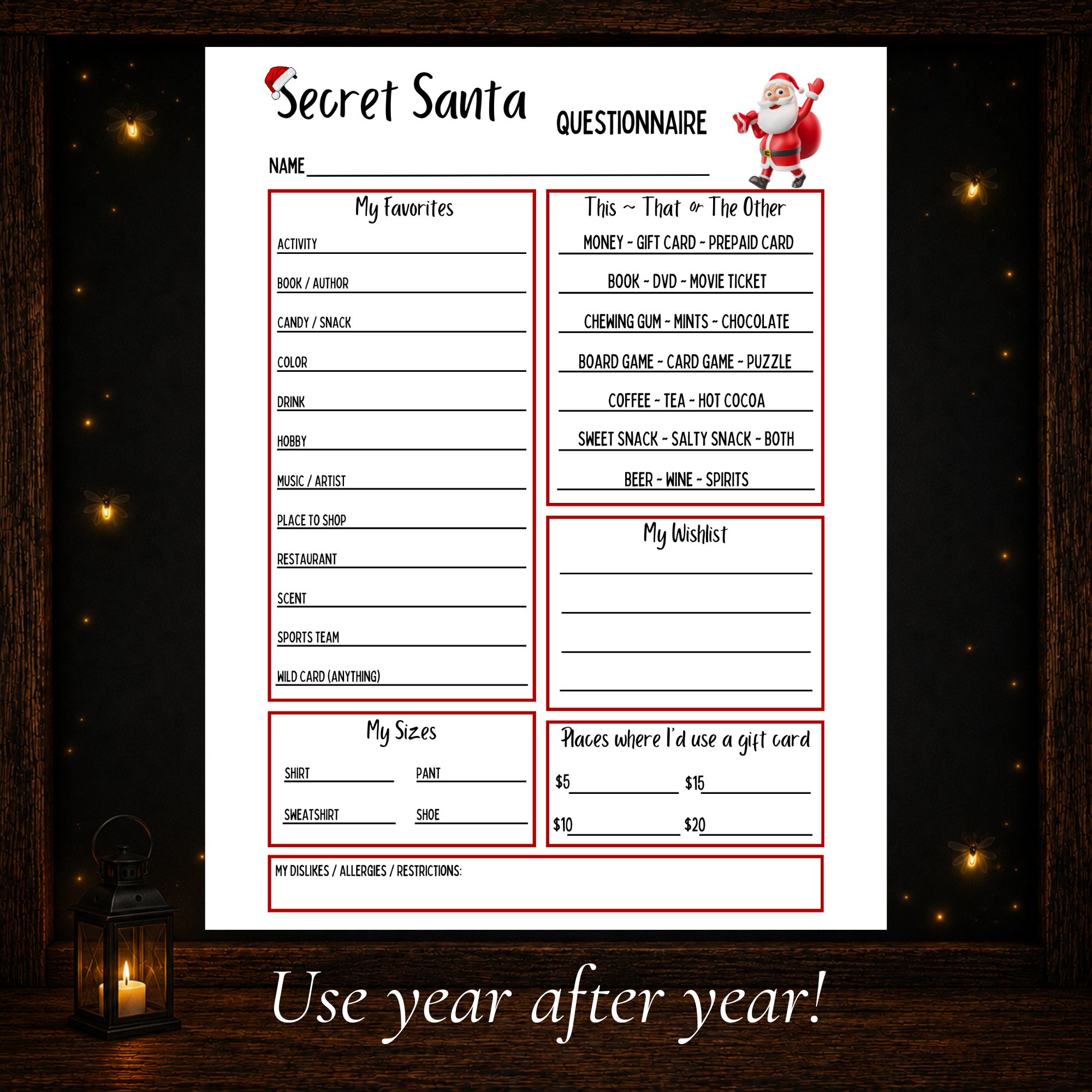 Printable Secret Santa questionnaire for Christmas gift ideas, favorites, sizes, wishlist and gift card preferences
