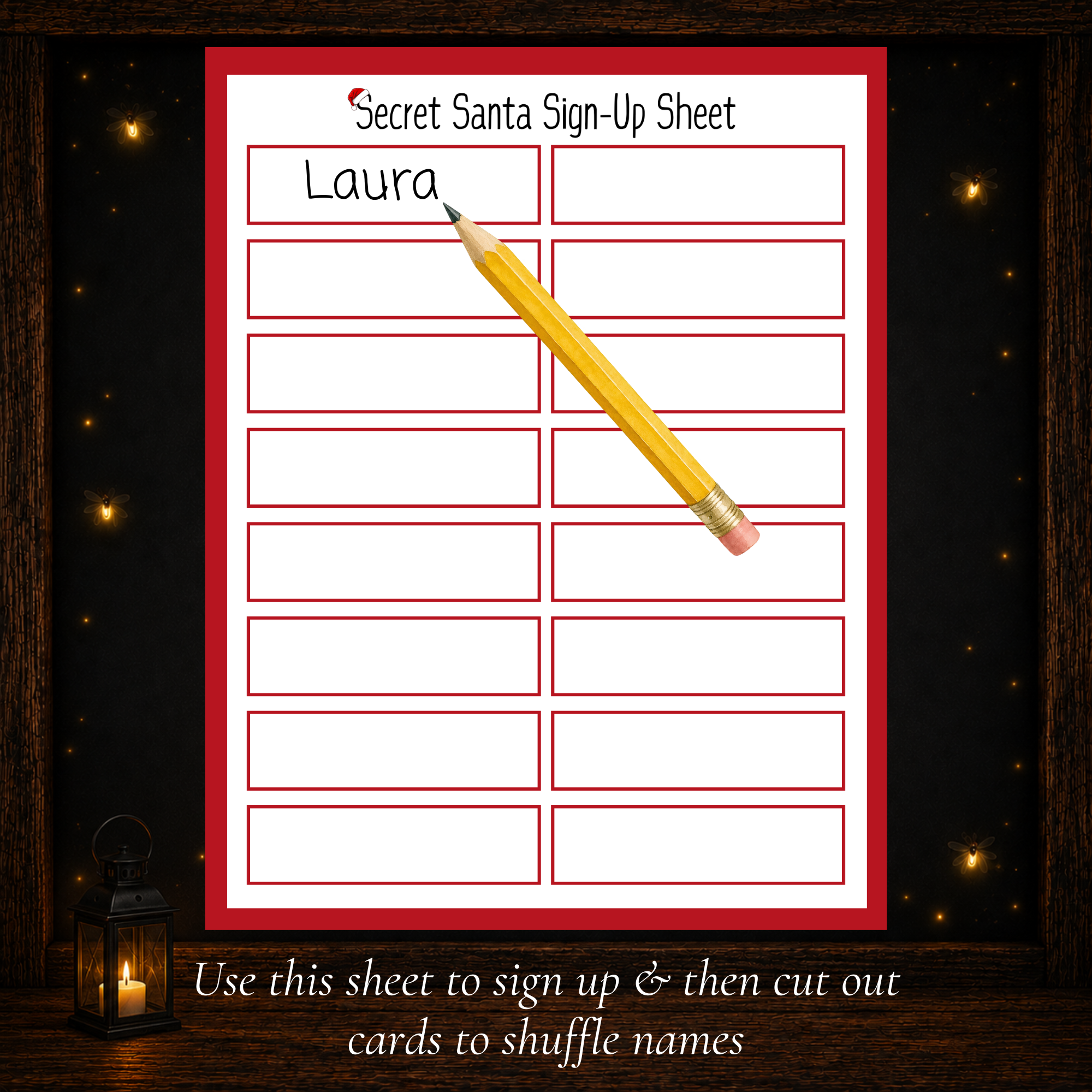 Printable Secret Santa sign-up sheet for organizing a Christmas gift exchange with family, friends or coworkers