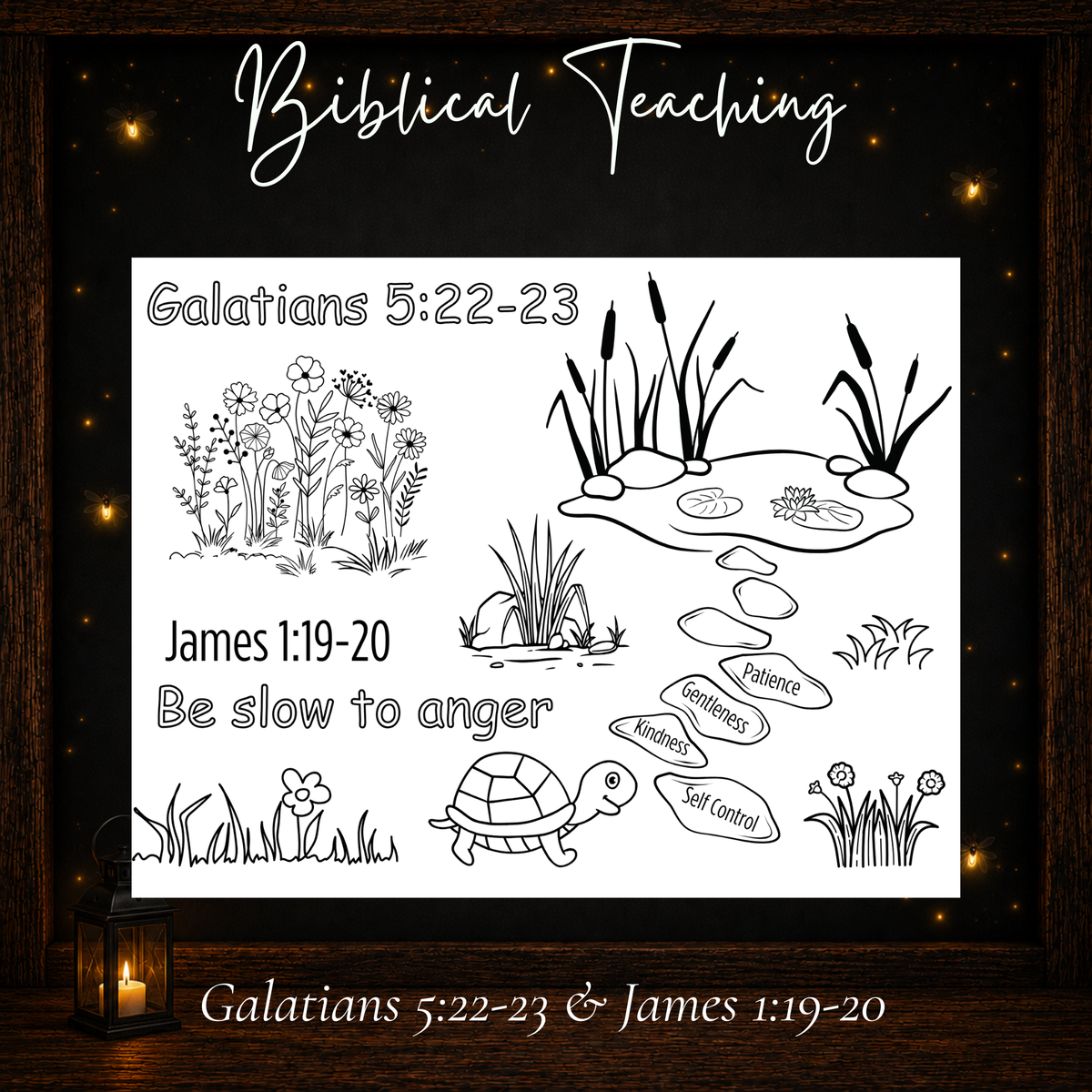 Self control Bible coloring page for kids with Galatians 5:22-23 and James 1:19-20 Scripture references