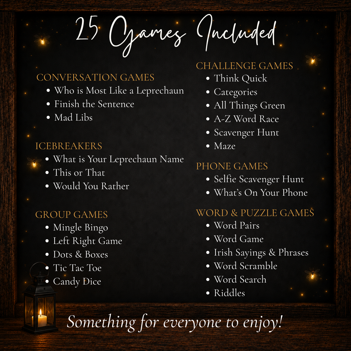 List of all 25 St. Patrick’s Day printable games organized into conversation, icebreaker, group, challenge, phone, and word puzzle categories.