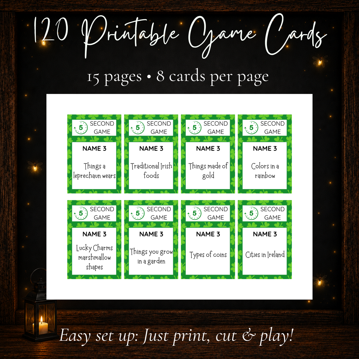 Preview of 120 St. Patrick's Day 5 Second Game printable cards, with eight green shamrock-themed cards per page and prompts about leprechauns, Irish foods, rainbows, and lucky charms.