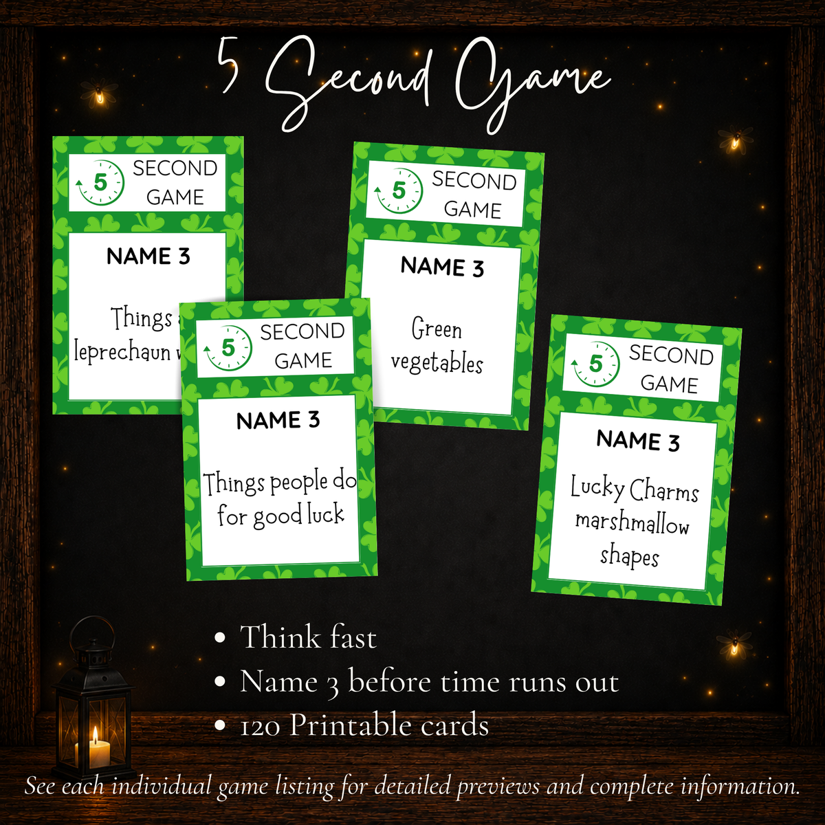 St. Patrick's Day 5 Second Game with 120 printable cards for fast-paced name three challenges