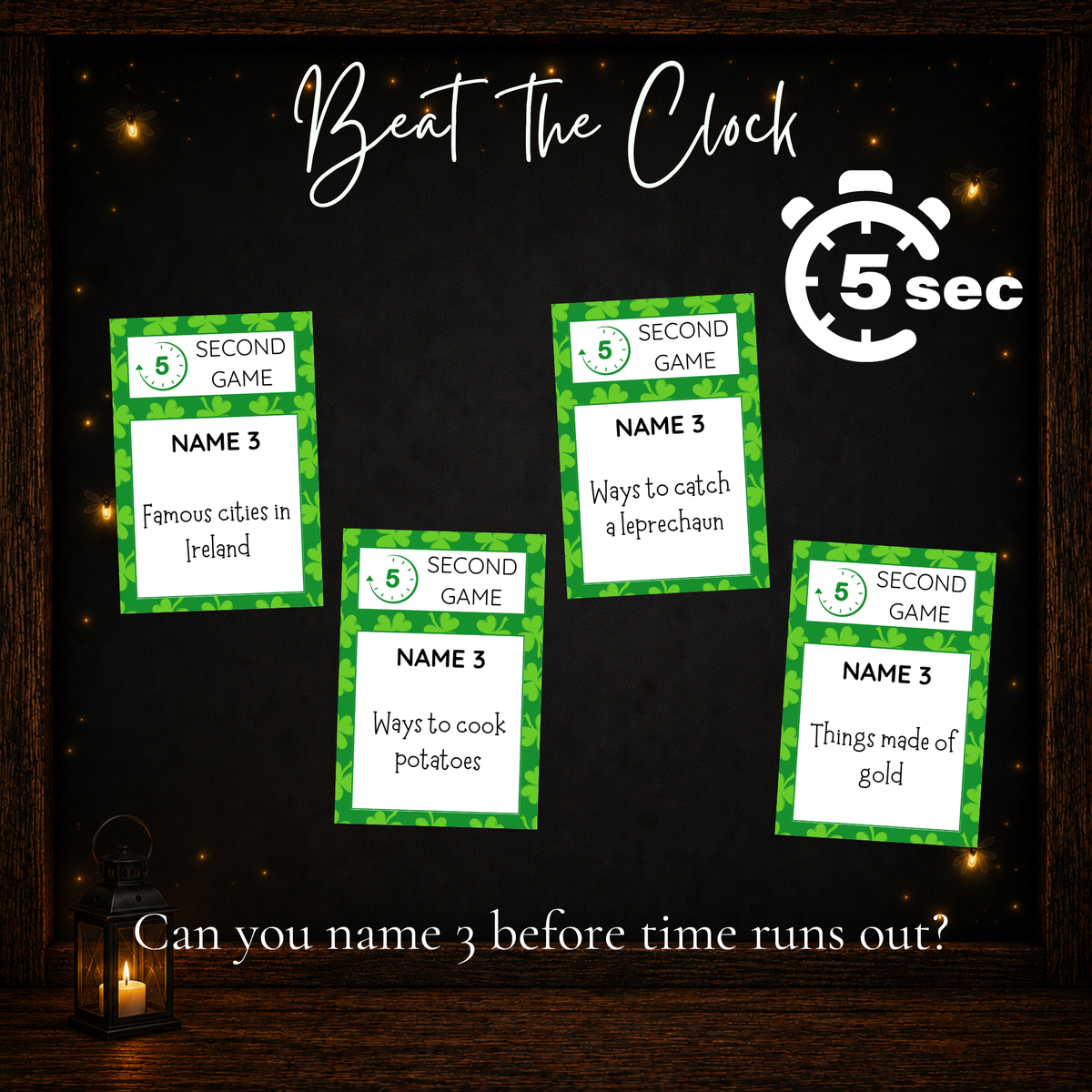 St. Patrick's Day 5 Second Game sample cards with a five-second stopwatch graphic and prompts about Irish cities, potatoes, leprechauns, and gold.